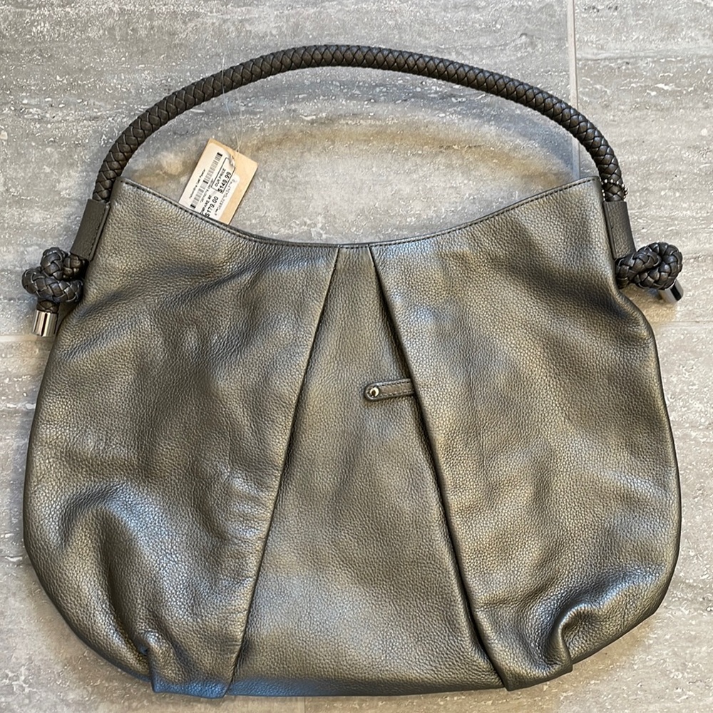 NWT Clarks Pewter Metallic Leather Braided Handle Hobo Slouchy Purse